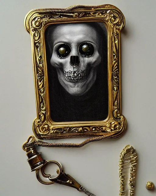 Prompt: realistic portrait of a dead man, dark art, gold, silver ornaments, tarot card, facing camera, photo realistic, detailed, 1 4 5 0, delicate, hyper realism, ultra realistic, 8 k