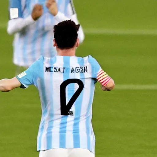 Prompt: messi, wearing argentina's shirt, winning qatar world cup