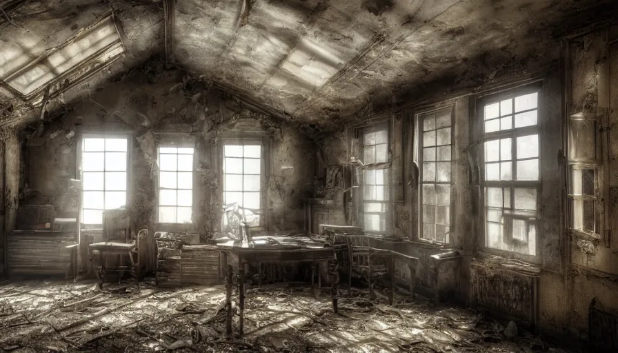 Prompt: abandoned old 1 8 0 0's dusty attic with library covered by dust and cobwebs, rotten wood, dusty dirty floor, books and newspapers on the floor, sunlight through the broken windows, old torn white curtains, old chairs, old desk, hyperdetailed, artstation, cgsociety, 8 k
