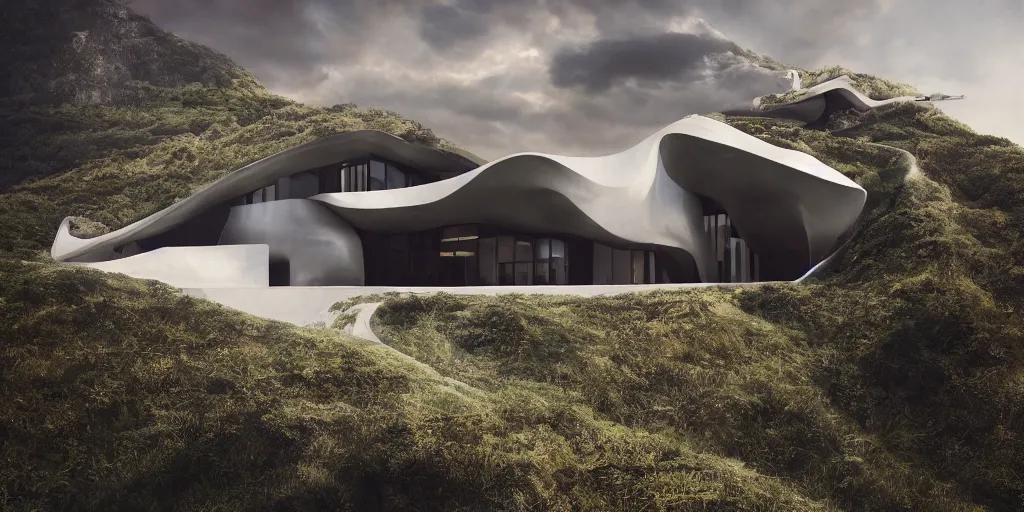 Image similar to oil matte portrait, modern house on a cliff designed by zaha hadid, cinematic lighting, deep focus, sharp focus, golden ratio, dramatic illumination, hdr, ultra realistic, 8 k, highly detailed, trending on artstation, epic composition, by caravaggio, by artemisia lomi gentileschi