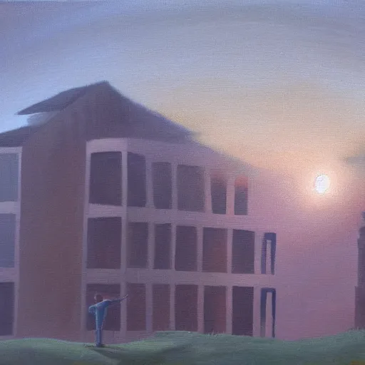 Image similar to man waking up to realize that the world is over and all that is left is ashes all around him. the reddish orange sun creates a gray haze that illuminates all the fallen buildings oil painting 1 5 0 mpx