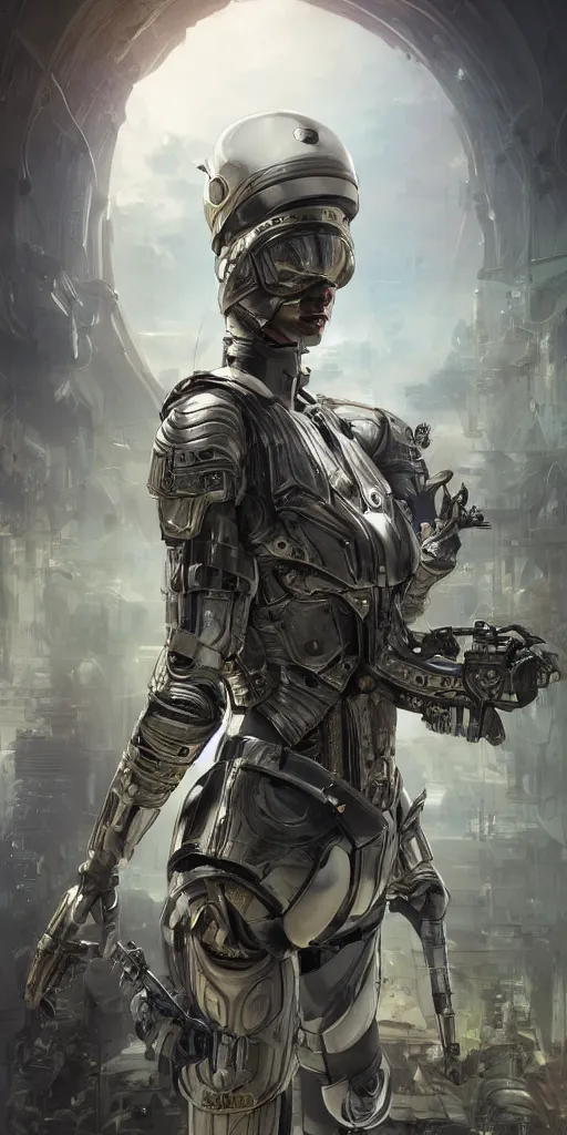 Image similar to Futuristic female soldier with open helmet in armour standing in a machine city with alien plants, portrait, highly detailed, fractals, ornate, cinematic, 8k, by Stanley Artgermm, Tom Bagshaw, Greg Rutkowski, Carne Griffiths, Ayami Kojima, trending on DeviantArt, hyper detailed, full of color, digital art,