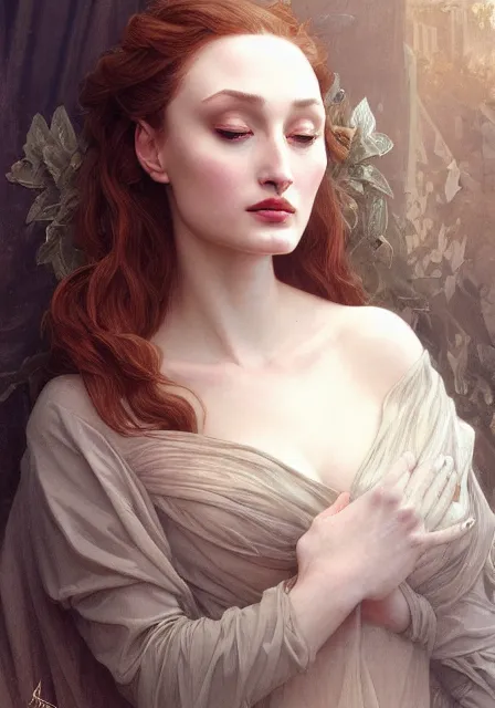 Image similar to sansa angeline jolie, intricate, elegant, highly detailed, digital painting, artstation, concept art, smooth, sharp focus, illustration, art by artgerm and greg rutkowski and alphonse mucha and william - adolphe bouguereau