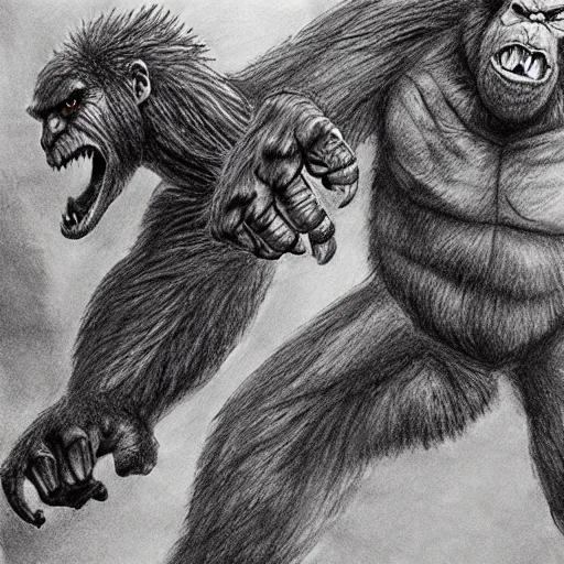 Image similar to Godzilla Fighting King Kong, beautiful, pencil sketch, HD,highly detailed