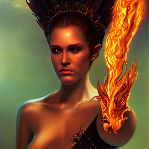 Prompt: A stunning portrait of a goddess with a body of flames by Jim Burns, fantasy, Trending on artstation.