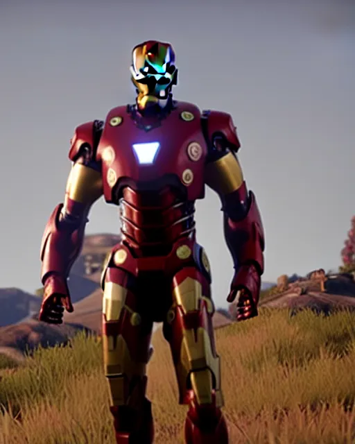 Image similar to robust, bulky and muscular iron man suit in red dead redemption 2, cinematic, photorealistic
