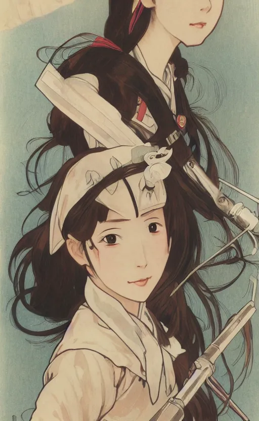 Prompt: japanese girl fighting ww2, maid uniform, anime style, long hair, hair down, symmetrical facial features, ww2 era, hyper realistic, pale skin, 4k, rule of thirds, extreme detail, detailed drawing, trending artstation, hd, war, D&D, realistic lighting, by Alphonse Mucha, Greg Rutkowski, sharp focus, backlit