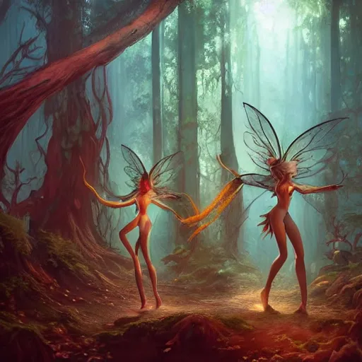 Image similar to detailed painting of fairy dryads in a redwood forest, in the style of peter mohrbacher, james jean, artgerm, dramatic lighting and composition, surreal background, octane render, pixar, trending on artstation, concept art, comic book, 8 k