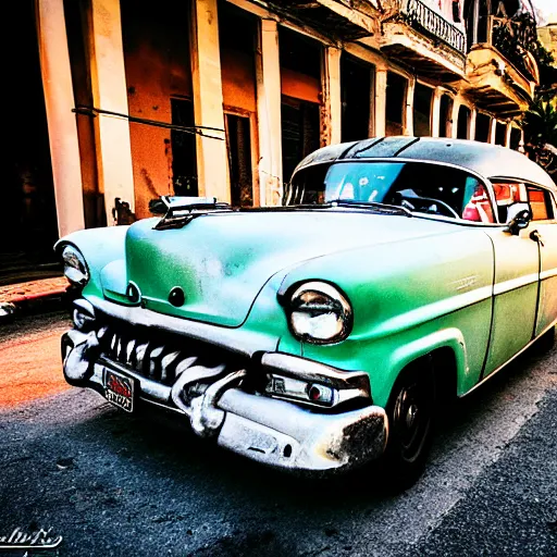 Prompt: vintage cars on the streets of havana cuba, golden hour, photo, 5 0 mm f 2. 5