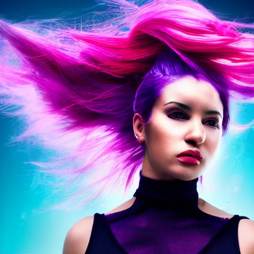 Image similar to a award winning action upper body portrait of a beautiful woman with a ombre purple pink hairstyle with head in motion and hair flying, choker, outrun, vaporware, vivid colors, highly detailed, fine detail, intricate