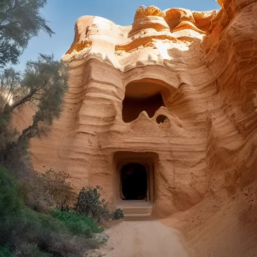 Image similar to a large, victorian mansion covered in sand in a canyon. surreal, dream like.