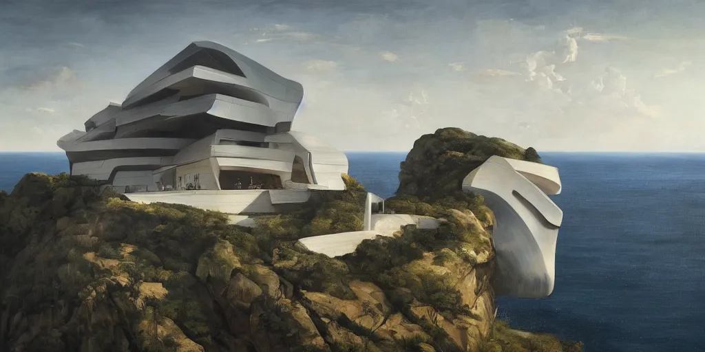 Image similar to beautiful oil matte portrait painting, modern house on top of a cliff designed by zaha hadid, wonderful masterpiece, highly detailed, beautiful cinematic light, deep focus, elegant, digital painting, smooth, sharp focus, golden ratio, dramatic illumination, ultra realistic, 8 k, art by artemisia lomi gentileschi and caravaggio