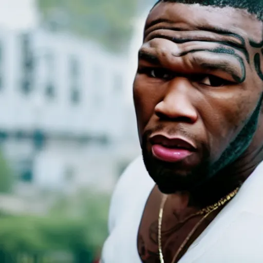 Image similar to a cinematic film still of 50 Cent starring as Mike Tyson, portrait, 40mm lens, shallow depth of field, close up, split lighting, cinematic