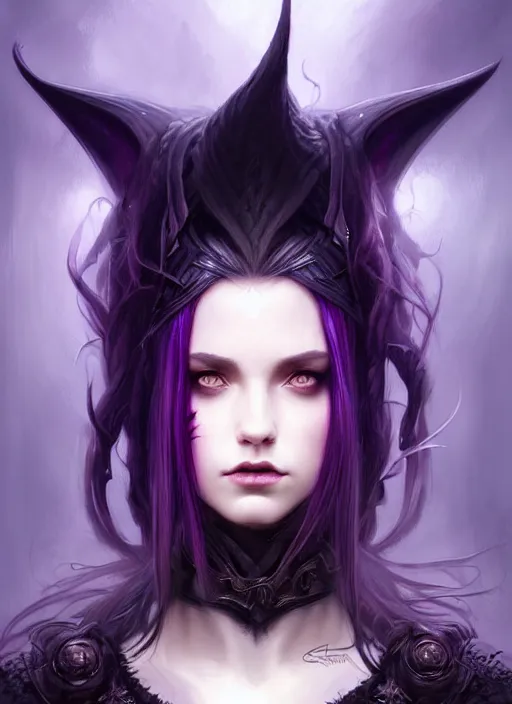 Image similar to frontal portrait dark witch, adventurer outfit large cloak, fantasy forest landscape, dragon scales, fantasy magic, undercut hairstyle, witch purple black fade hair, dark light night, intricate, elegant, sharp focus, illustration, highly detailed, digital painting, concept art, matte, art by wlop and artgerm and greg rutkowski and alphonse mucha, masterpiece