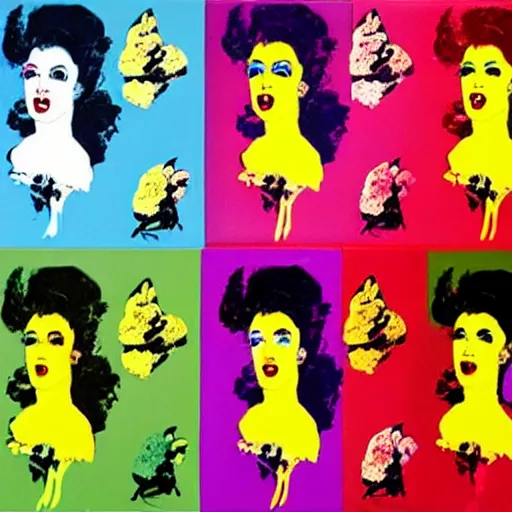 Image similar to seven hens wearing dresses, in the style of Andy Warhol