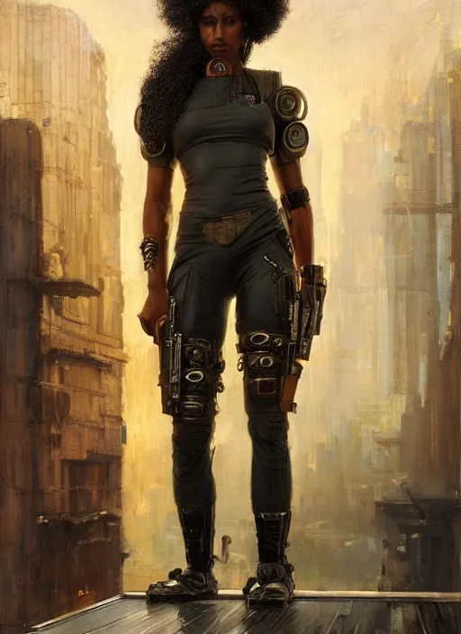 Image similar to buff Juliana. beautiful cyberpunk soldier wearing a military vest and military jumpsuit (cyberpunk 2077). gorgeous african face and afro. Iranian orientalist portrait by john william waterhouse and Edwin Longsden Long and Theodore Ralli and Nasreddine Dinet, oil on canvas. Cinematic, hyper realism, realistic proportions, dramatic lighting, high detail 4k