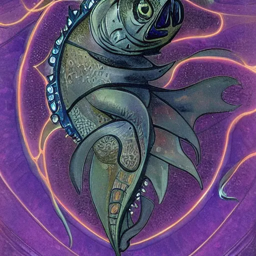 Prompt: a single fantasy deep sea fish that is heavily armored, with disproportionately huge wide spined pectoral fins, six large black eyes, and complex markings it is swimming in a purple deep landscape with jagged rocks by alphonse mucha and brian froud