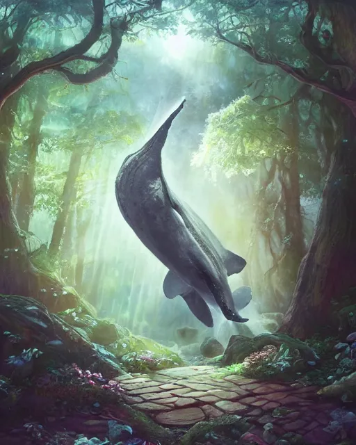 Image similar to Whale playing Trumpet in magical forest, portrait, wearing hat, magical notes, fairy atmosphere, magic the gathering artwork, D&D, fantasy, cinematic lighting, centered, symmetrical, highly detailed, digital painting, artstation, concept art, smooth, sharp focus, illustration, volumetric lighting, epic Composition, 8k, art by Akihiko Yoshida and Greg Rutkowski and Craig Mullins, oil painting, cgsociety