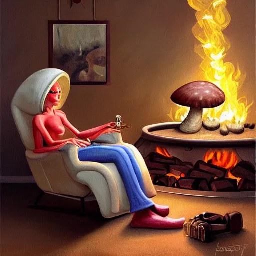 Prompt: painting of a mushroom alien sitting in a recliner by the fire smoking a pipe and wearing a soft robe and slippers, symmetrical, elegant intricate digital painting, trending on artstation, by normal rockwell