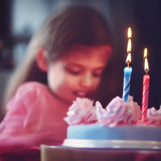 Prompt: birthday part for a young girl in 1976, she is blowing out the candles on a birthday cake. ektachrome photograph, volumetric lighting, f8 aperture, cinematic Eastman 5384 film