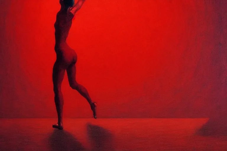 Image similar to only with red, a woman dances, tokio, in the style of beksinski, parts by edward hopper, parts by rodcenko, parts by yue minjun, intricate and epic composition, red by caravaggio, insanely quality, highly detailed, masterpiece, red light, artstation, 4 k
