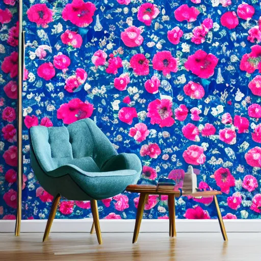 Prompt: interior of a living room, floral wallpaper texture, blue, green, pink, photorealist, 4 k