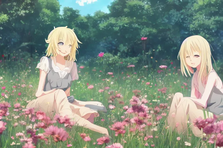 Image similar to beautiful anime blonde girl sitting in a field full of flowers, highly detailed, realistic, dynamic lighting, cinematic, masterpiece, trending on artstation, in the style of studio Ghibli