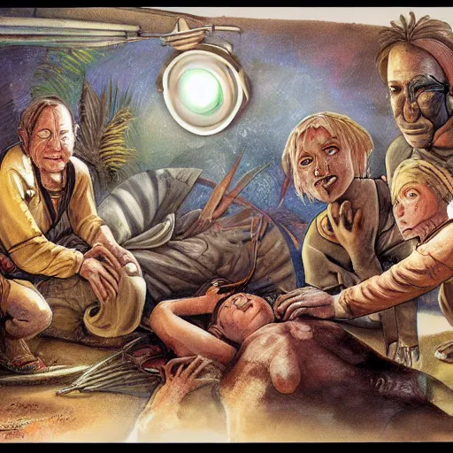 Image similar to primitive extraterrestrial villagers caring for severely injured butch blond woman at bedside, inside primitive hut, cinematic, worm's eye view, dramatic lighting, illustration, ron cobb, mike mignogna, science fiction, detailed painting, high detail, rough paper