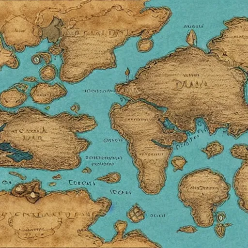 Prompt: fantasy map, highly detailed, many continents, oceans.