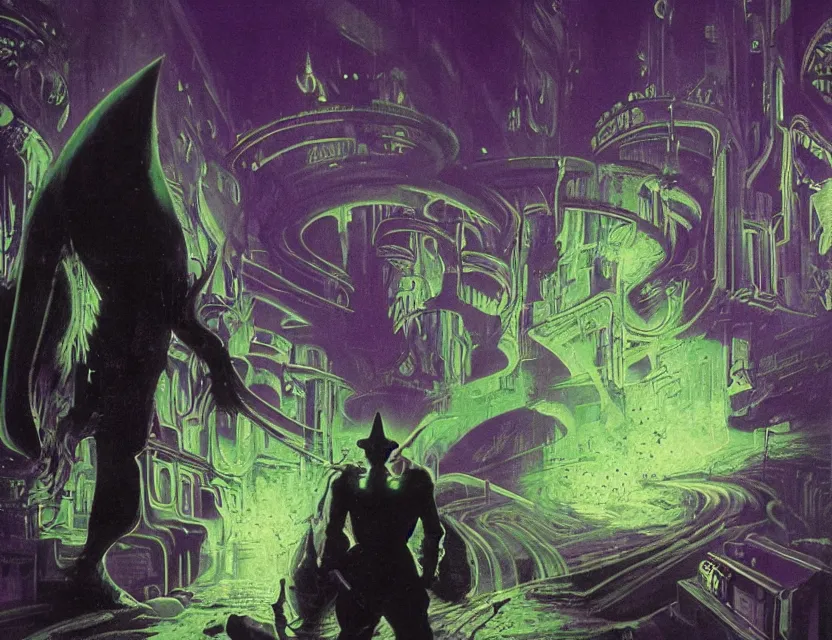 Image similar to a close - up view portrait of a silhouetted supernatural wizard in brutalist halls with metallic alien technology. close - up view, detailed textures. glowing green purple fog, dark black background. highly detailed fantasy science fiction painting by moebius, norman rockwell, frank frazetta, and syd mead. rich colors, high contrast