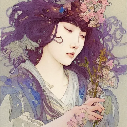 Image similar to a beautiful intricate watercolor illustration of a sleeping cute girl, 4 k, ultra - wide angle, by william turner, by victo ngai, by alphonse mucha, by miho hirano, by moebius, hd, trending on artstation, hyper detailed, muted intense colors