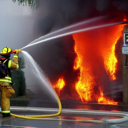 Prompt: Firefighters spraying firehose that only sprays flaming gasoline on to a flaming building