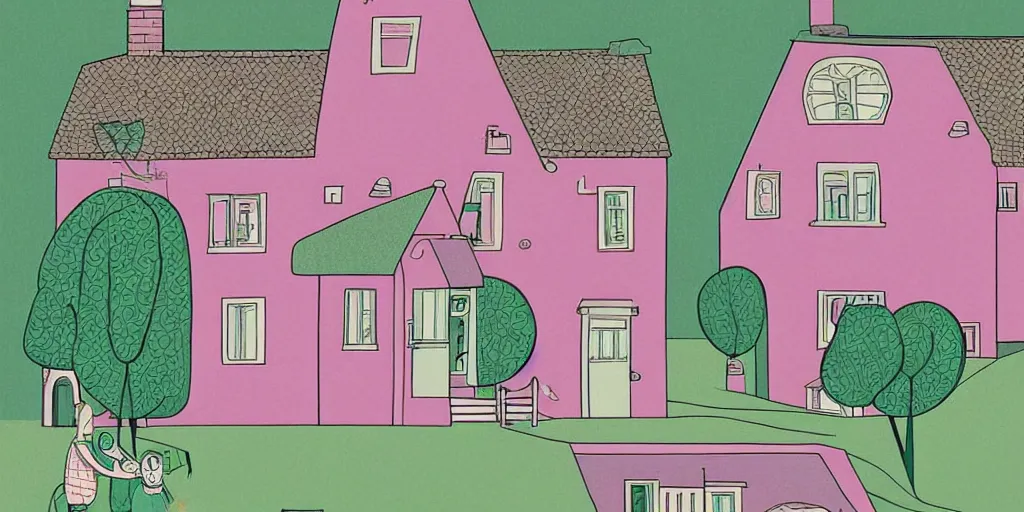 Image similar to a pink and green illustration of a house, a storybook illustration by muti and tim biskup, featured on dribble, arts and crafts movement, behance hd, storybook illustration, dynamic composition