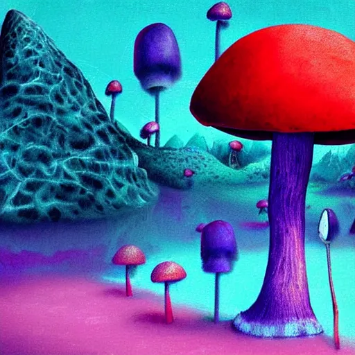 Prompt: mushroom growing in a crystal cave, digital painting, surrealism, psychedelic