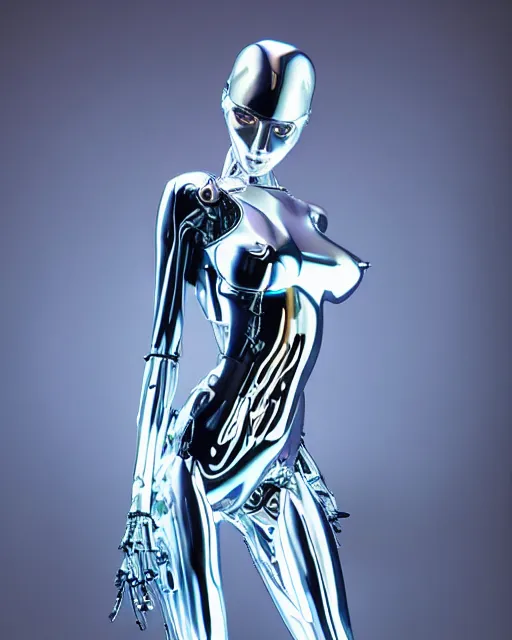 Prompt: Hajime Sorayama designed Metallic Robot Woman, Studio Lighting. Robot woman’s skin made out of reflective chrome, Hyperreal