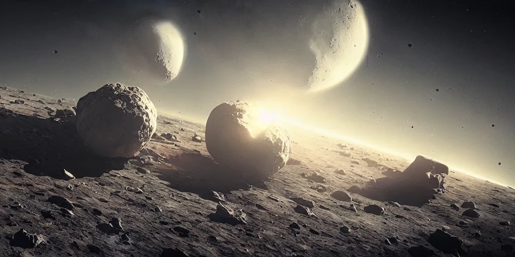 Image similar to huge asteroid impacting the moon, a lot of flying debris, greg rutkowski, 8 k, shallow depth of field, ultra high detail, concept art,