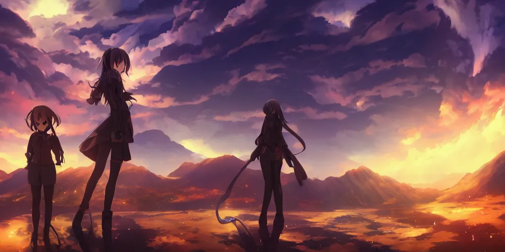 Prompt: isekai masterpiece by mandy jurgens, irina french, rachel walpole, ross tran, illya kuvshinov, deeznutz, and alyn spiller of an anime woman standing in a puddle looking up at serpent viper mountain, nebula night, cinematic, very warm colors, intense shadows, ominous clouds, anime illustration, anime screenshot composite background