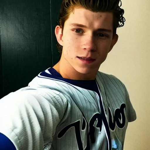 Image similar to “a realistic photo of a guy who is an attractive baseball player man who is part cyborg and part humanoid, who is a robot, Tom Holland”