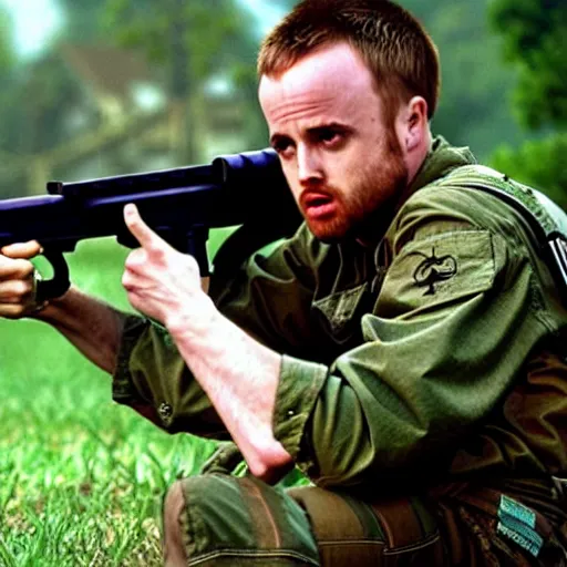 Image similar to jesse pinkman from breaking bad holding an m 1 6 rifle in the vietnam war, 4 k, hyper realistic