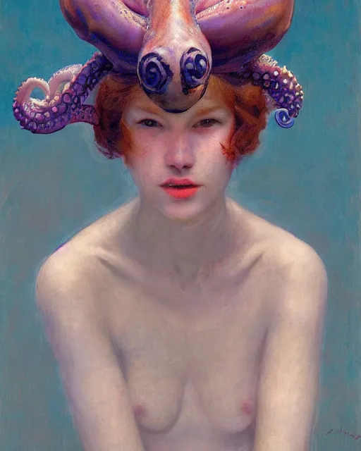 Image similar to a beautiful girl wearing an octopus as a hat, painted by edgar maxence, edward hopper, wayne barlowe and james gilleard, airbrush, art by jamesjean