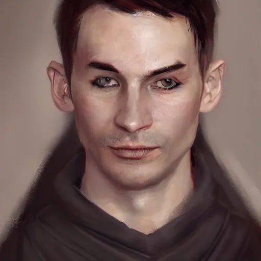 Image similar to An oil painting of a man dressed in priest robes, 30 years old, !chad jaw line!, short black hair, sharp facial features, beautiful, highly detailed, by Cédric Peyravernay, trending on artstation