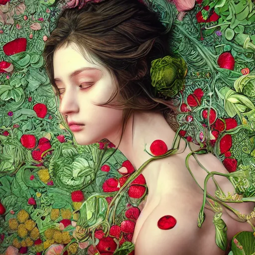 Prompt: the portrait of an absurdly beautiful, graceful, elegant, young woman made of strawberries and green petals shy, an ultrafine hyperdetailed illustration by kim jung gi, irakli nadar, intricate linework, bright colors, octopath traveler, final fantasy, angular, unreal engine 5 highly rendered, global illumination, radiant light, detailed and intricate environment