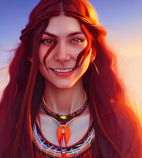 Image similar to in the style of artgerm and Andreas Rocha and Joshua Middleton, beautiful Native American young woman with long hair and red paint strip across eyes, smile on face, Symmetrical eyes symmetrical face, bead necklace, scenic prairie in background sunrise, natural lighting, warm colors