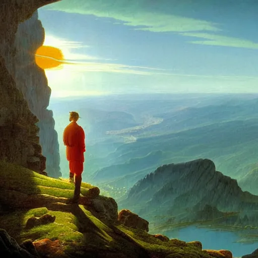 Prompt: a wanderer looking down from the peak of a mountain, distant valley, sunset, sunrays, dramatic light, high detail, masterpiece, painted by caspar david friedrich, trending on artstation