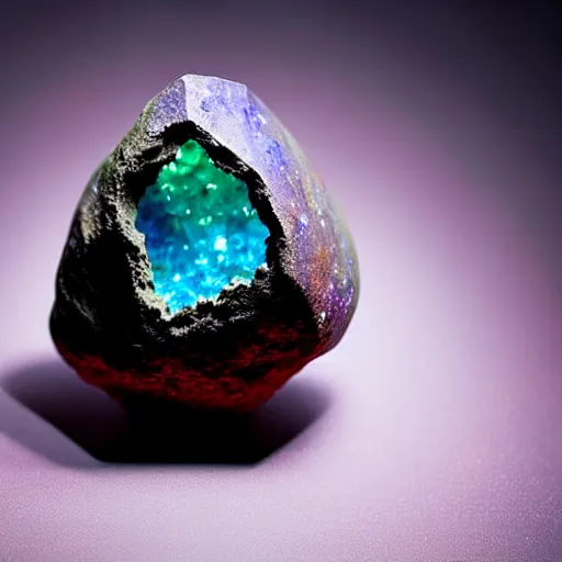 Image similar to a mineral rock, in a dark studio room. magical-like style, almost glowing and smoking. Photography of rare minerals. Tanzanite, Red Beryl, Bixbite, Red Emerald, Scarlet Emerald.