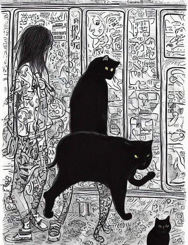 Image similar to realistic portrait of a girl with her stoned black cat jumpig at a lion lost in the very busy and crowdy NYC subway looking at a train arriving late on a rainy morning by James Jean