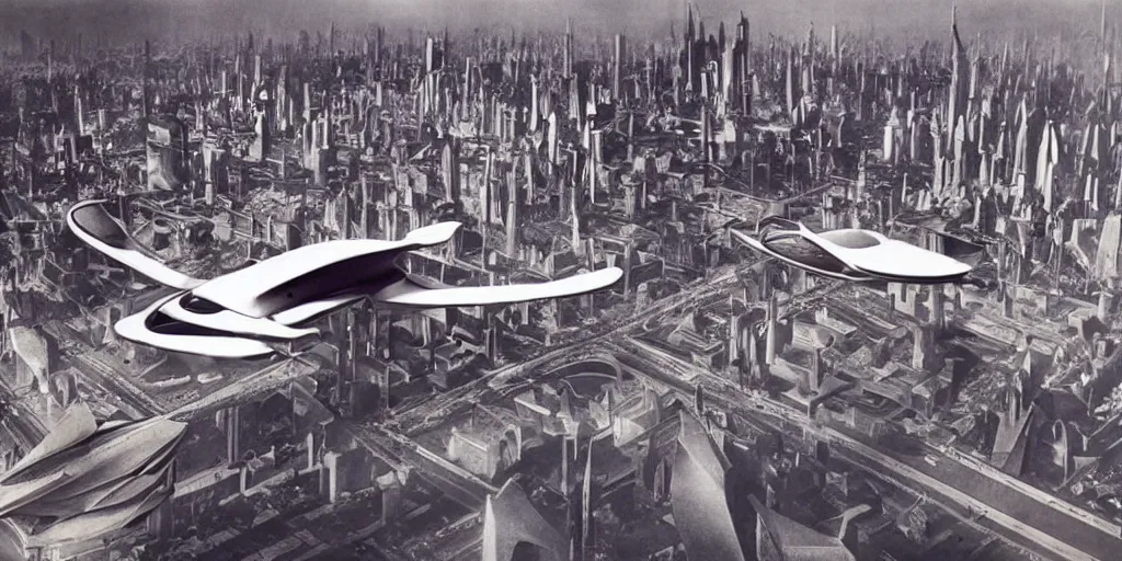 Prompt: 70s vision of a futuristic city with flying cars, 1900s photography