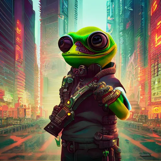 Prompt: cyberpunk happy pepe in the future city, anfas, hyper detailed, artstation, matte painting, 3 d, octane render