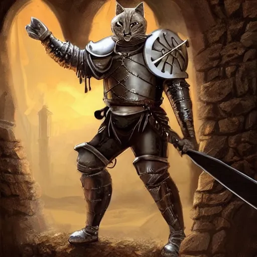 a cat warrior wearing armor holding a sword,, Stable Diffusion