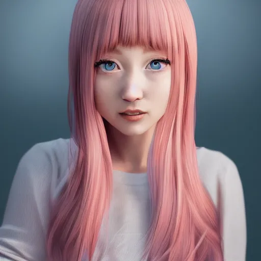 Image similar to A portrait of Nikki from Shining Nikki and Love, a cute 3d cgi toon young woman with long light pink hair, full bangs, hazel eyes, full face, light makeup, pale skin, Chinese heritage, cute outfit, medium shot, mid-shot, hyperdetailed, 8k, trending on artstation, as a Pixar character